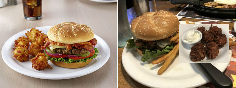 Left, a press image of the Blaster Fire Burger with Bacon Cheddar Tots. Right, an actual Blaster Fire Burger with Bacon Cheddar Tots expertly pasted in because they mistakenly came on the side.